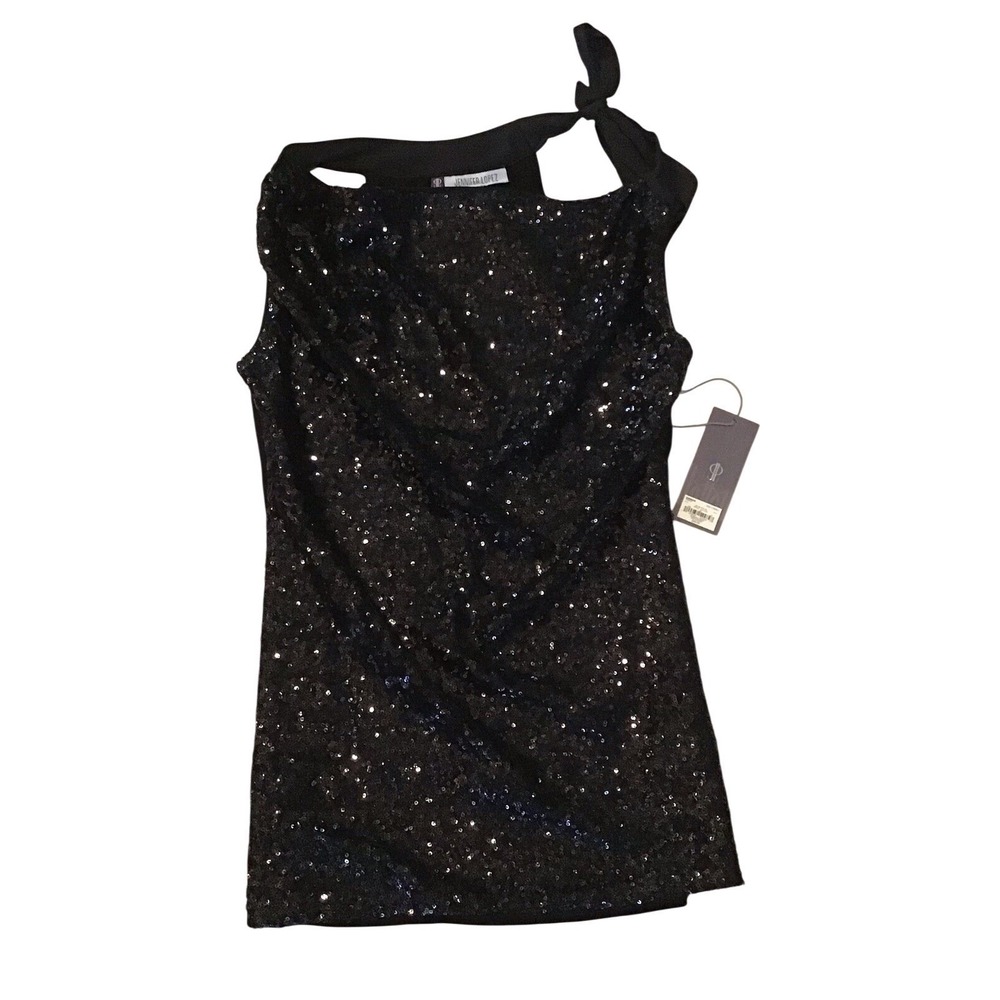 Jennifer Lopez Black Sequin Camisole Tie Shoulder Tank Top XS